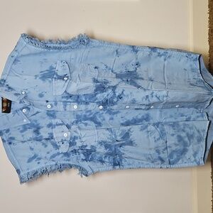 Biker Wear | Blue Tye-Dye Sleeveless Button-Up Shirt | M